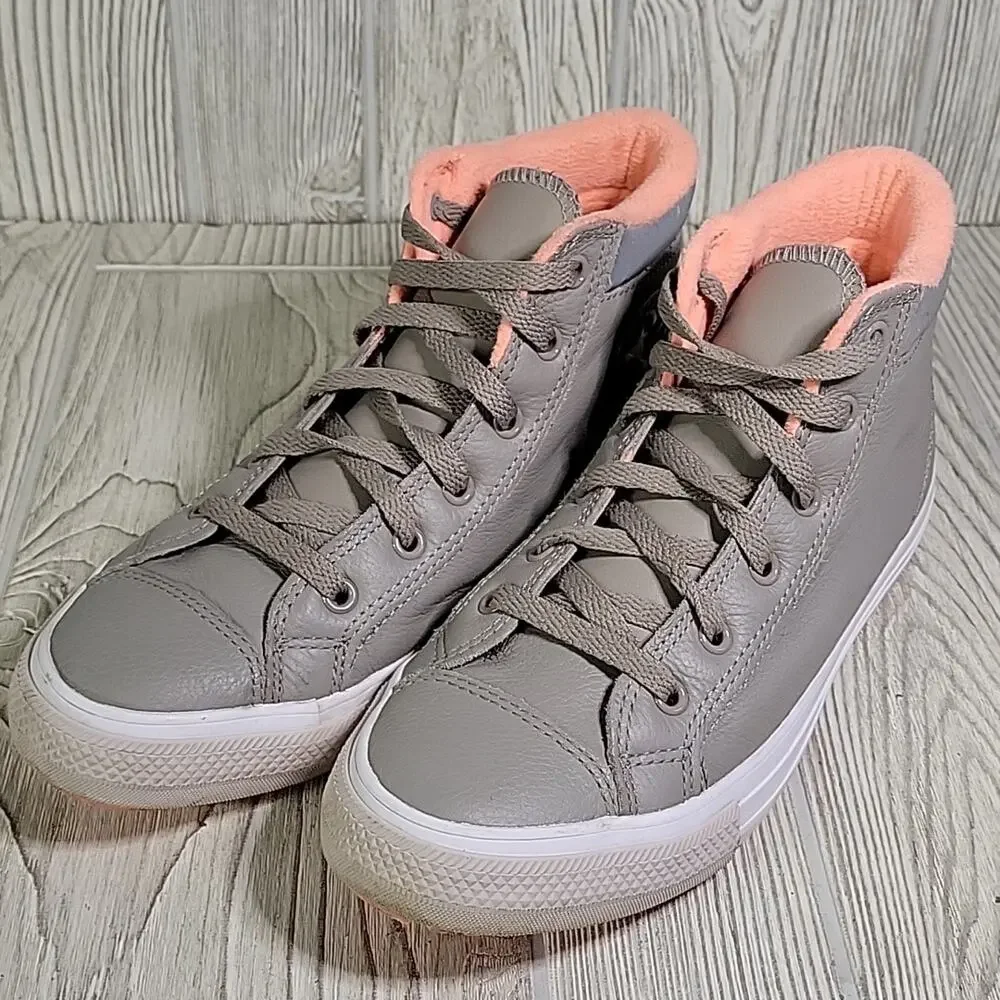Converse Grey Leather High Top Sneakers Coral Pink Terry Lining Juniors Size 6